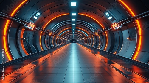 Wallpaper Mural A futuristic tunnel illuminated with vibrant orange lights and a reflective floor, creating a sci-fi ambiance. Torontodigital.ca