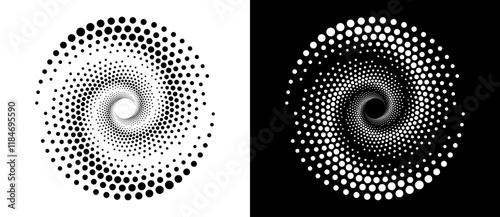 Modern abstract background. Halftone dots in circle form. Spiral logo, icon or design element. Black dots on a white background and white dots on the black side.