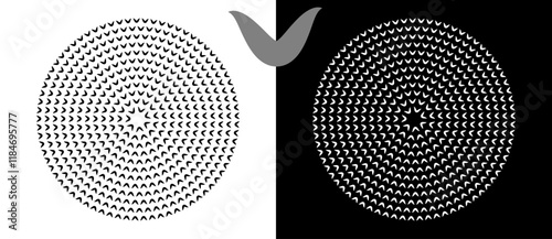 Modern abstract background. Waves in circle form. Round logo. Design element or icon. Black shape on a white background and the same white shape on the black side.
