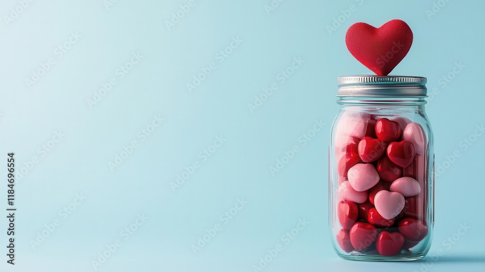 A mason jar with layered red and pink candies, topped with a heartshaped lid, Valentines charm, sweet decor, creative gift A mason jar with layered red and pink candies, topped with a heartshaped lid, Valentines charm, sweet decor, creative gift