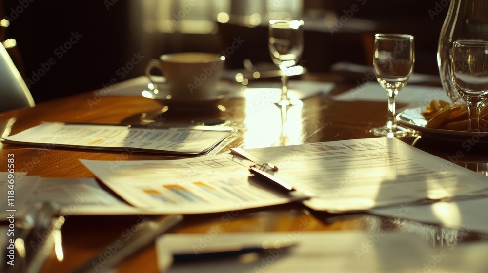 Scattered business documents, charts, and graphs resting on a polished wooden conference table, accompanied by coffee cups, wine glasses, and snacks, basking in warm sunlight Scattered business documents, charts, and graphs resting on a polished wooden conference table, accompanied by coffee cups, wine glasses, and snacks, basking in warm sunlight