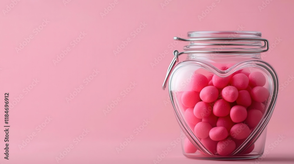 A heartshaped glass jar with a decorative lid, holding pink and red candies, romantic charm, festive detail, sweet presentation A heartshaped glass jar with a decorative lid, holding pink and red candies, romantic charm, festive detail, sweet presentation