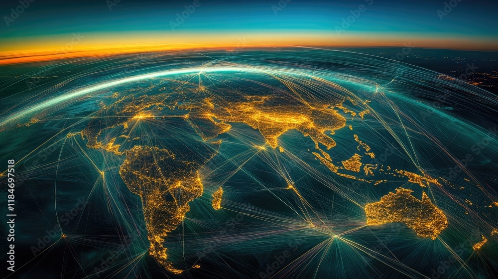 Obraz premium Digital globe with connected trade routes, global network, world trade