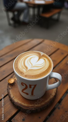 A Valentine’s-Themed Coffee Cup with a Heart-Shaped Latte Art Design Sitting on a Rustic Wooden Table