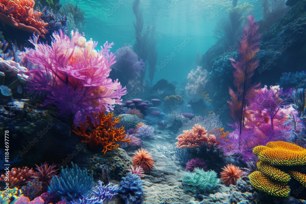 Naklejka premium Explore a vibrant coral reef bursting with colorful marine life and stunning underwater plants in a serene ocean environment during daylight