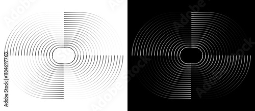 Halftone oval as icon or background. Abstract vector circle frame with dots as logo or design element. Black shape on a white background and the same white shape on the black side.