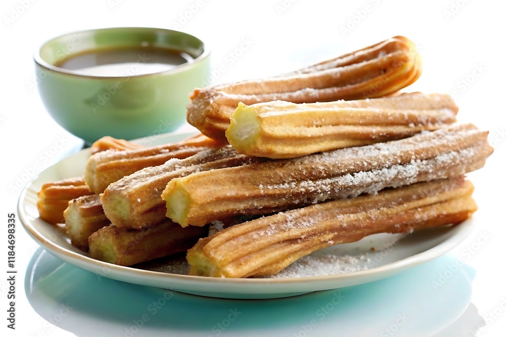 A plate of freshly fried churros, dusted with powdered sugar, sits next to a cup of coffee on a white surface, inviting a sweet treat. A plate of freshly fried churros, dusted with powdered sugar, sits next to a cup of coffee on a white surface, inviting a sweet treat.