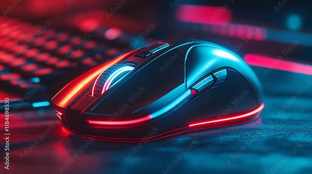 Illuminated gaming mouse on desk with keyboard. Illuminated gaming mouse on desk with keyboard.