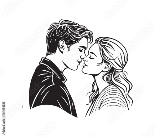 black and white Couple one line drawing design. Vector isolated cover poster design. Love print. Couple kissing line drawing.