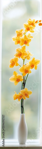Elegante gelbe Blumen in schwarzem Vase vor lichtdurchflutetem Fenster

