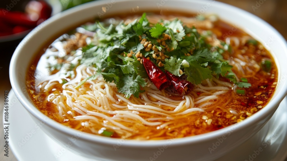 A close-up of a bowl of noodles with a rich, savory sauce and a garnish of fresh herbs and chili, presented on a white plate to emphasize its delicious presentation. A close-up of a bowl of noodles with a rich, savory sauce and a garnish of fresh herbs and chili, presented on a white plate to emphasize its delicious presentation.