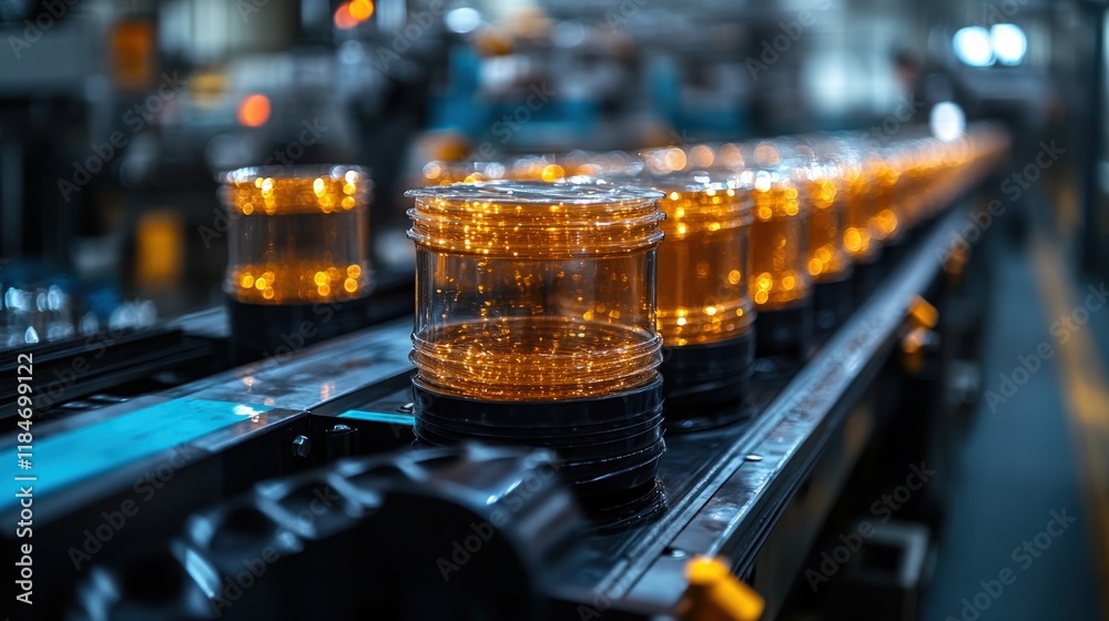 Illuminated parts moving on a factory conveyor belt. Illuminated parts moving on a factory conveyor belt.