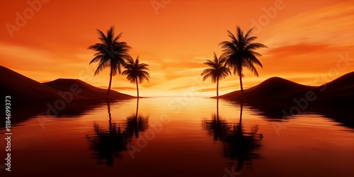 Silhouetted palm trees on tranquil islands at sunset, creating a serene and vibrant scene.