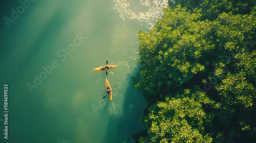 Dynamic shot of kayakers exploring the calm waters of Abu Dhabi mangroves surrounded by nature and clear skies