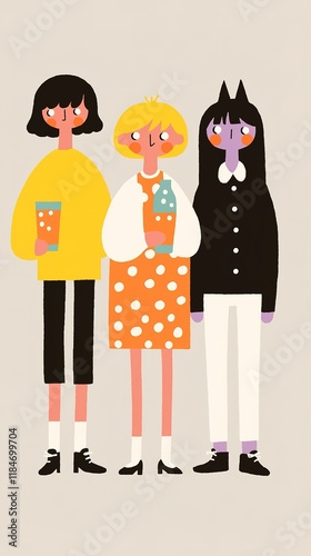 Three stylized characters stand together, each holding a drink, showcasing unique fashion and vibrant colors against a light background.