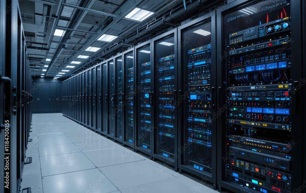 Server Room with Server Racks with Full of Servers, Big Data Center and Cyber Technology Concept. Server Room with Server Racks with Full of Servers, Big Data Center and Cyber Technology Concept.