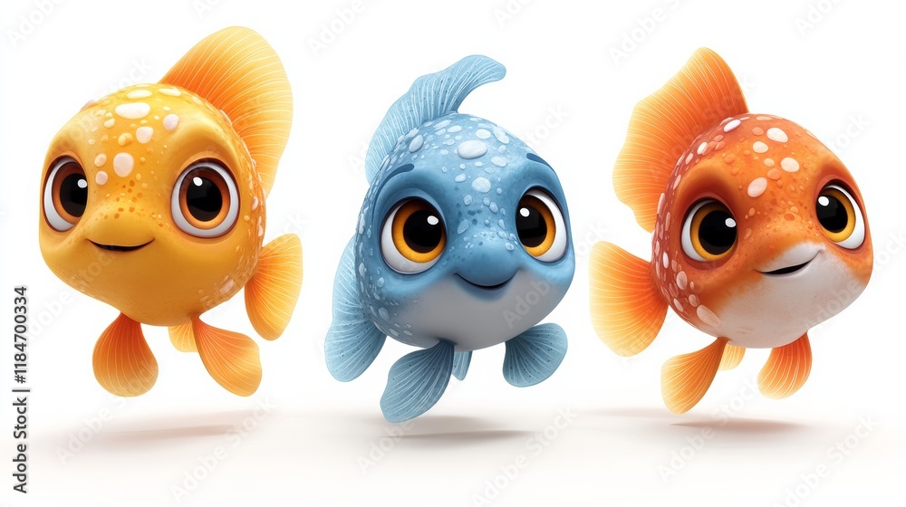 Fototapeta premium Three colorful and friendly cartoon fishes are swimming and looking upwards with curiosity