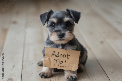 a puppy sitting on the floor holding a sign that says adopt me