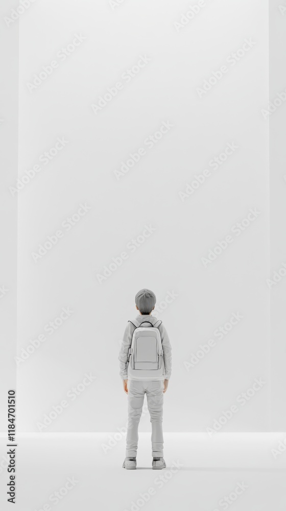 Student standing in a white room looking at a big white wall Student standing in a white room looking at a big white wall