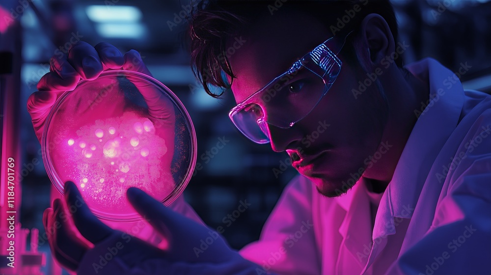 Naklejka premium A scientist holds a glowing pink orb while examining it closely in a laboratory. Concept of innovation and futuristic technology.