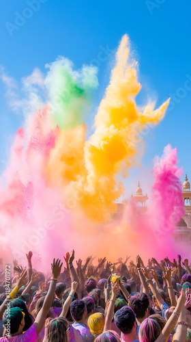 A vibrant Holi festival crowd, captured mid-celebration as people throw colorful powders into the air, creating a rainbow cloud