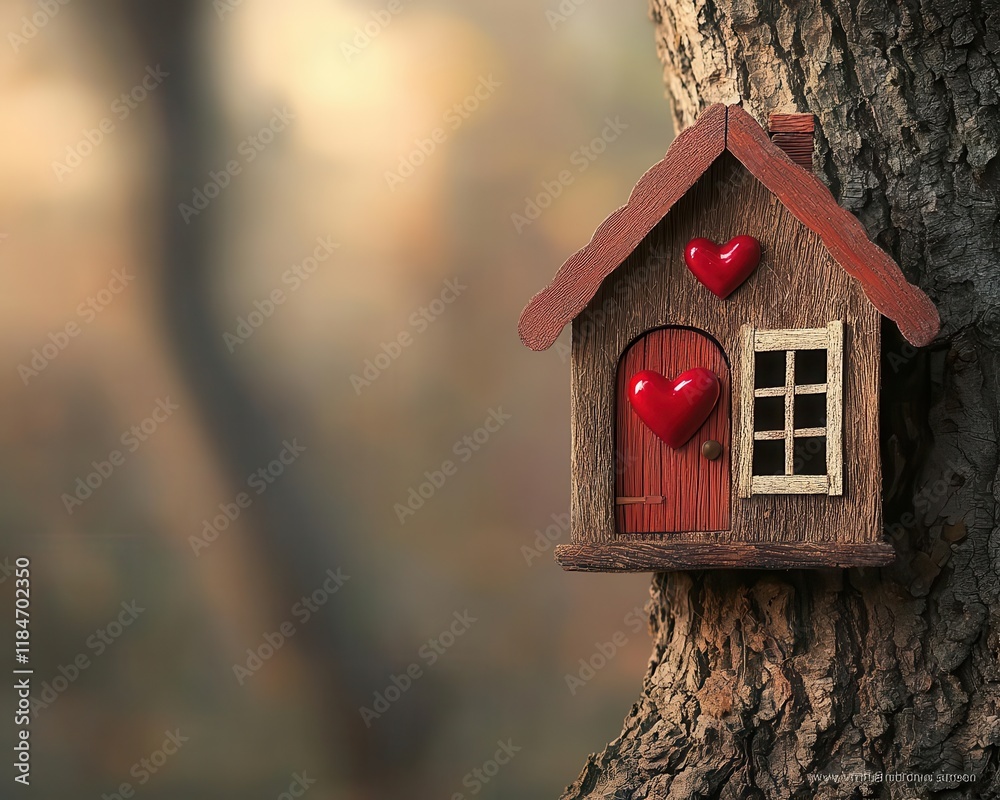 Enchanted Valentine fairy house with heartshaped doors and windows, nestled in a cozy tree hollow Enchanted Valentine fairy house with heartshaped doors and windows, nestled in a cozy tree hollow