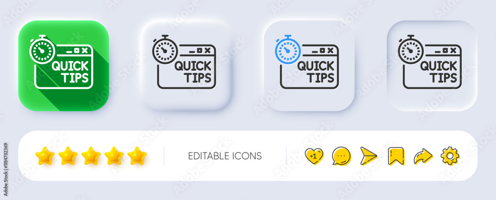 Fototapeta premium Quick tips line icon. Neumorphic, Flat shadow, 3d buttons. Helpful tricks sign. Tutorials with timer symbol. Line quick tips icon. Social media icons. Vector
