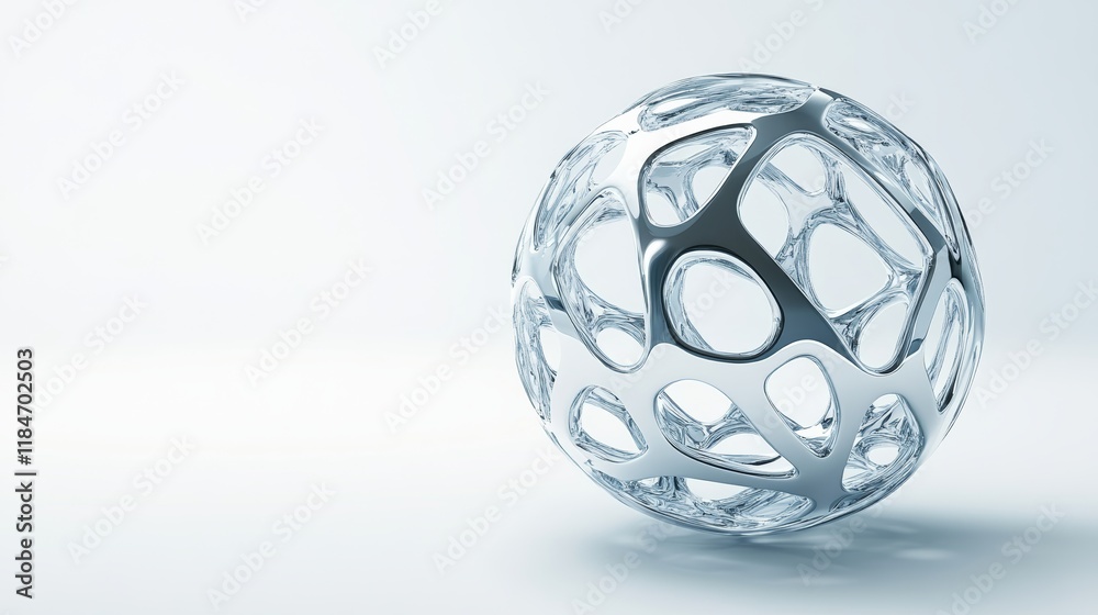Metallic sphere with organic holes creating abstract pattern is hovering over white background Metallic sphere with organic holes creating abstract pattern is hovering over white background