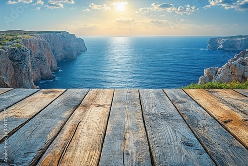 A serene coastal view with cliffs, ocean, and a wooden deck under a bright sky.