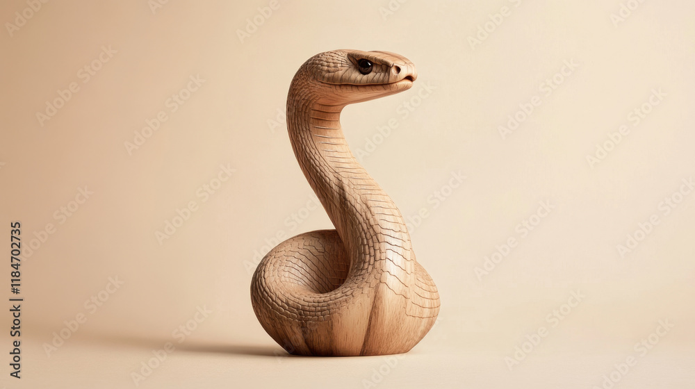Fototapeta premium A finely carved snake sculpture stands elegantly on a smooth surface. Its features display exceptional artistry, emphasizing the natural beauty of wood and the skill of the artisan.