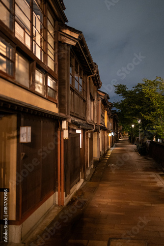 Kanazawa, Japan - 07.07.2024: old wooden houses in Kanazawa, Higashiyama district
