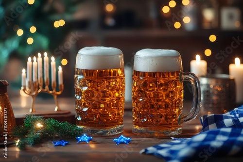 Two mugs of beer celebrating hanukkah with menorah and christmas tree lights photo