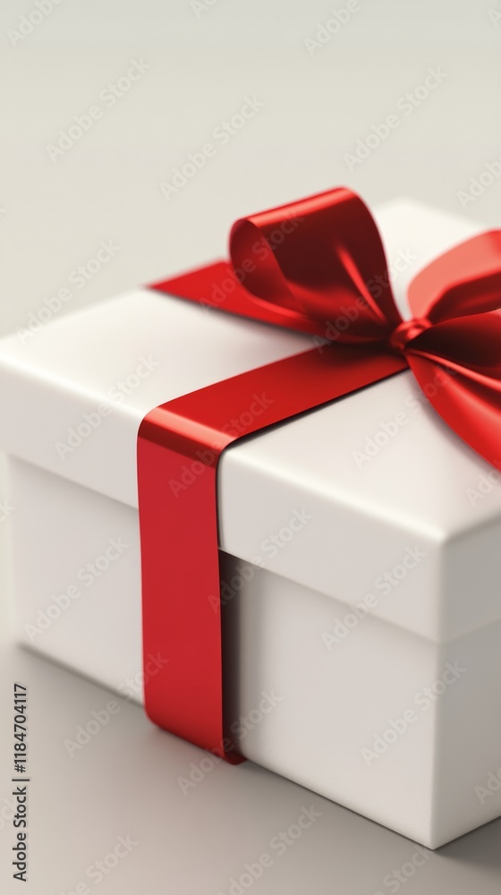 Fototapeta premium White gift box with red ribbon and bow on gray background