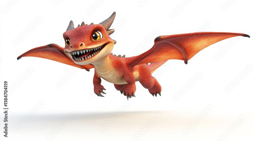 Red dragon flying and smiling with large wings Red dragon flying and smiling with large wings