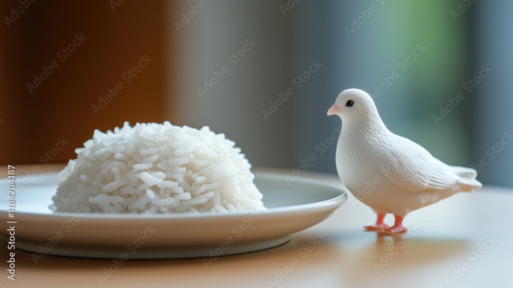 Obraz premium White plastic bird model next to neat rice mound on plate
