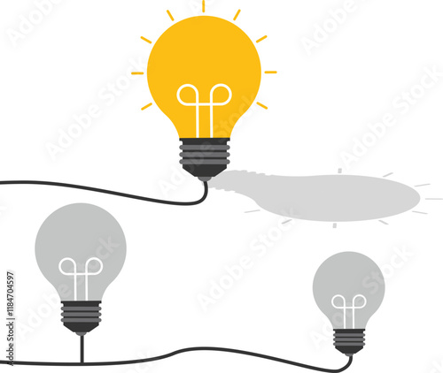 Creativity vector concept with one lightbulb turned on. Symbol of innovative idea, breakthrough, brainstorming. Eps10 illustration.

