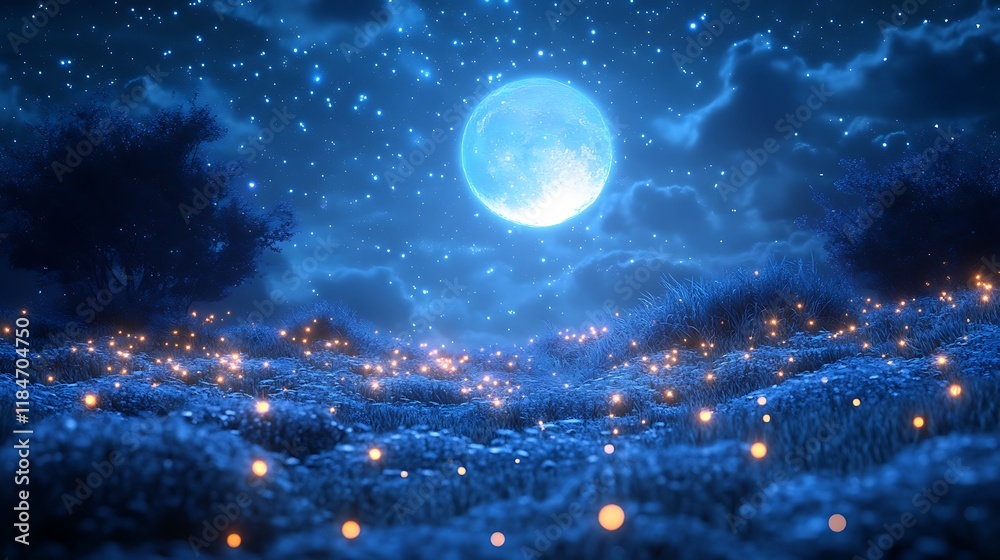 Naklejka premium Enchanting Night Scene With Full Moon And Fireflies