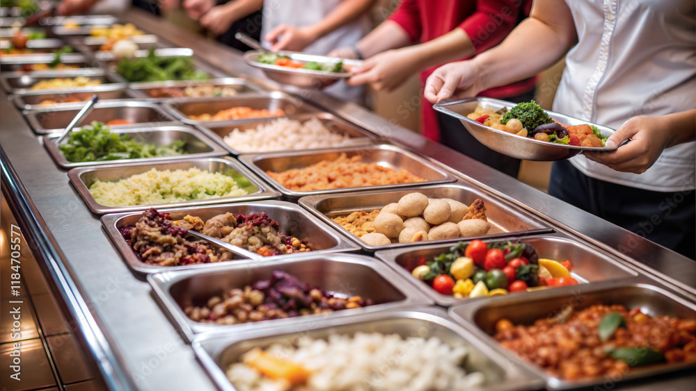 Obraz premium Student Lounge. Students serving themselves from a diverse food buffet in a busy dining hall
