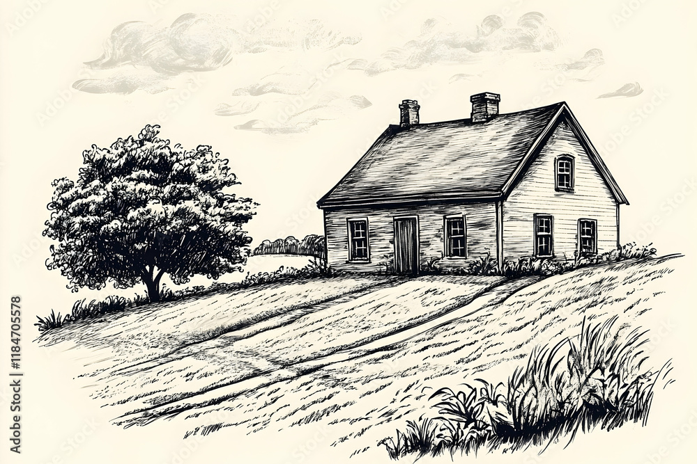 Rustic farmhouse sketch set against rolling fields, evoking a serene countryside atmosphere Rustic farmhouse sketch set against rolling fields, evoking a serene countryside atmosphere
