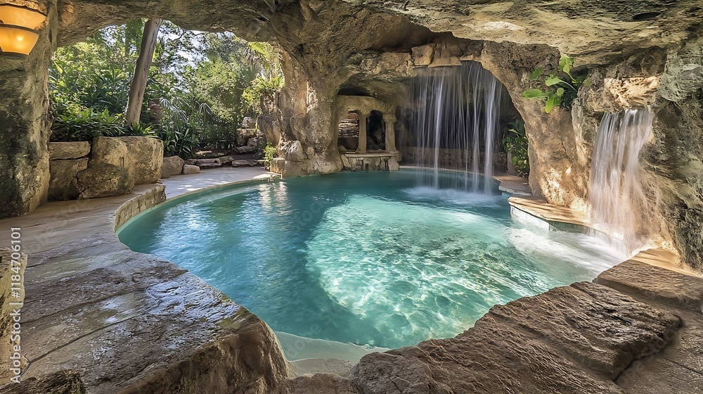 Naklejka premium Luxurious cave pool with waterfall, tropical background; resort brochure.