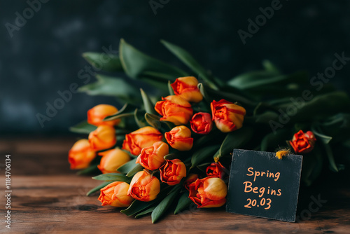 Frühlingserwachen: Strauß mit orangen Tulpen und Datumstafel

 photo