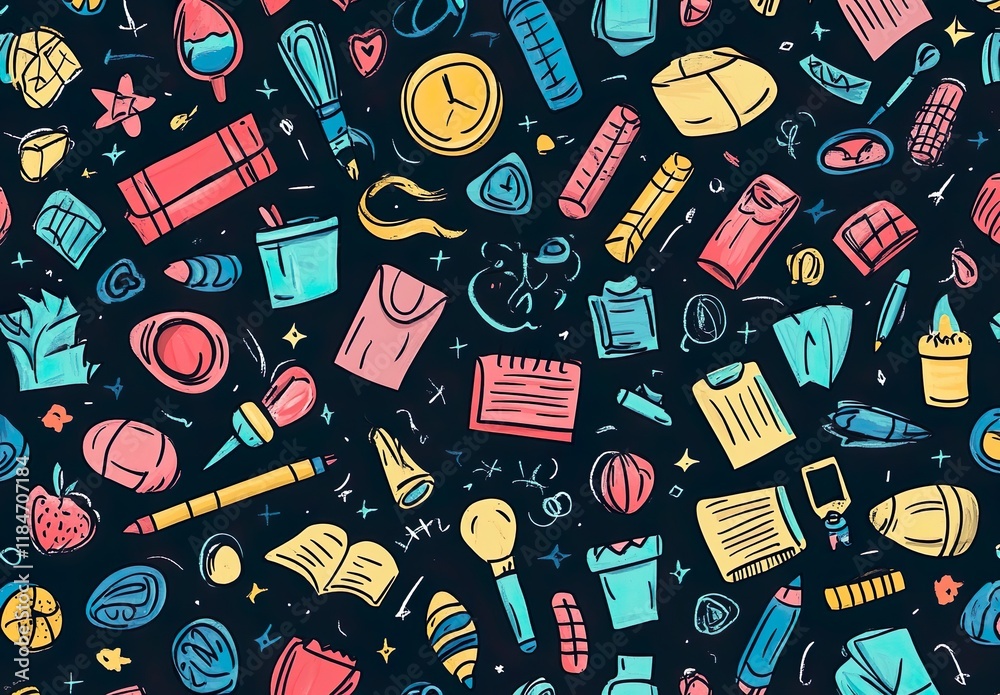 Back to school doodle seamless pattern. Hand drawn back Back to school doodle seamless pattern. Hand drawn back