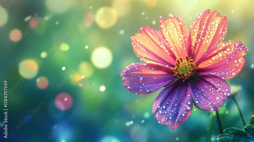 A close-up of a vibrant flower with delicate dew drops on its petals, glistening in the early morning light, set against a blurred green background. A close-up of a vibrant flower with delicate dew drops on its petals, glistening in the early morning light, set against a blurred green background.