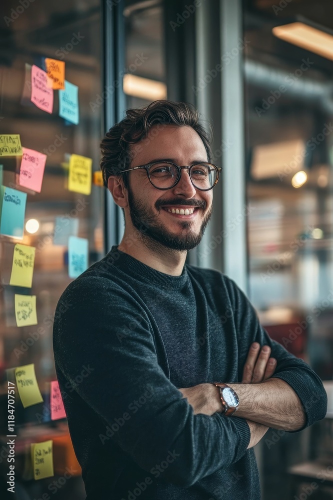 Smiling man, dark sweater, arms crossed, notes on glass. Smiling man, dark sweater, arms crossed, notes on glass.