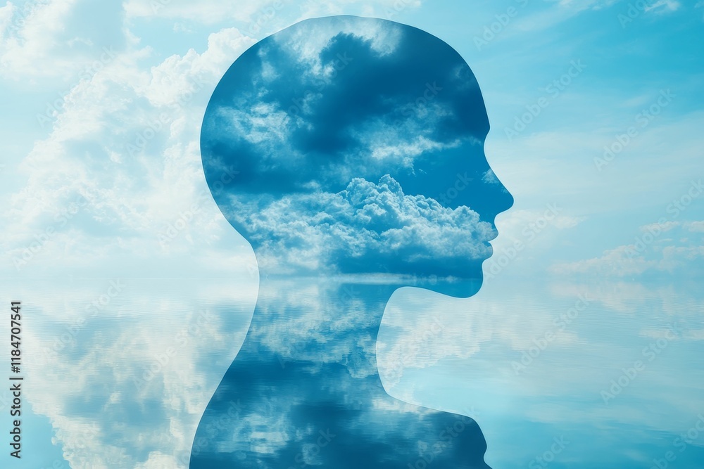 Head silhouette filled with sky, reflected in water. Head silhouette filled with sky, reflected in water.