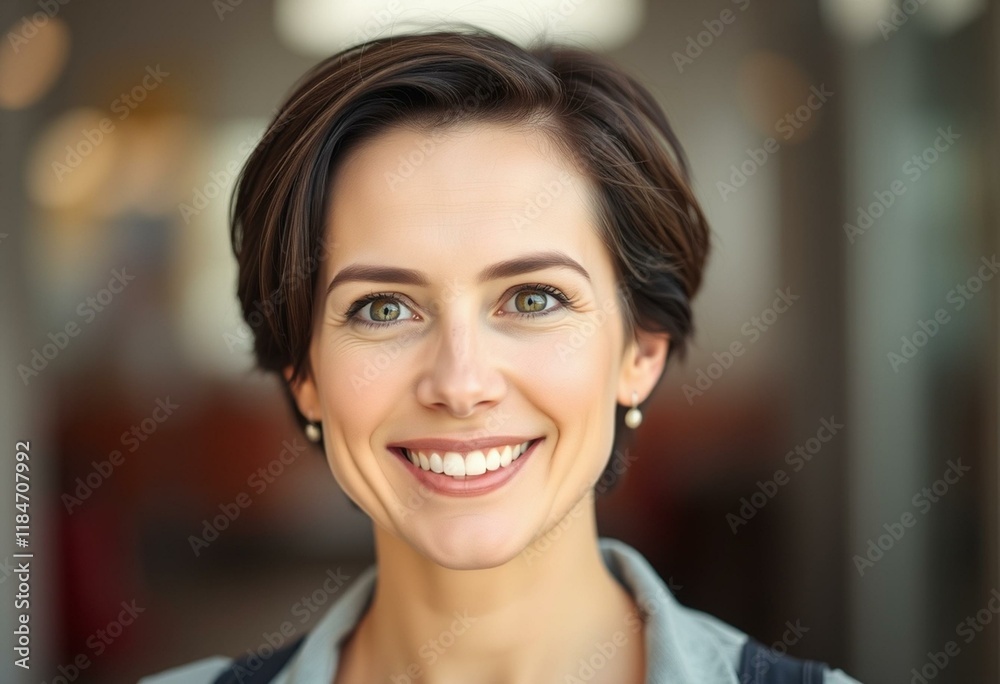 Portrait of a woman with short hair and a warm smile Portrait of a woman with short hair and a warm smile