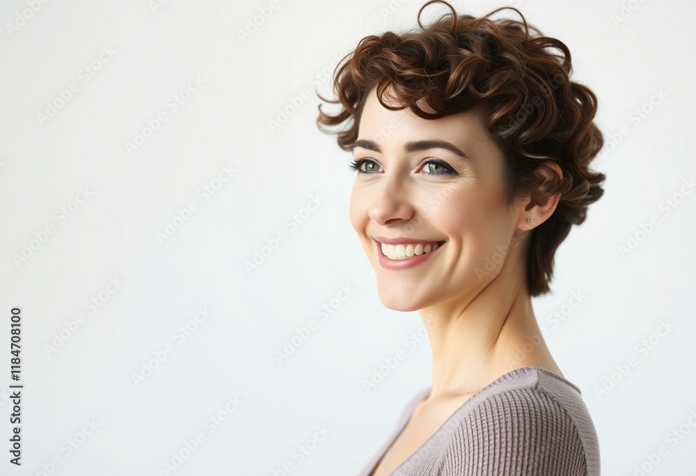 Fototapeta premium Woman with short curly hair smiling warmly