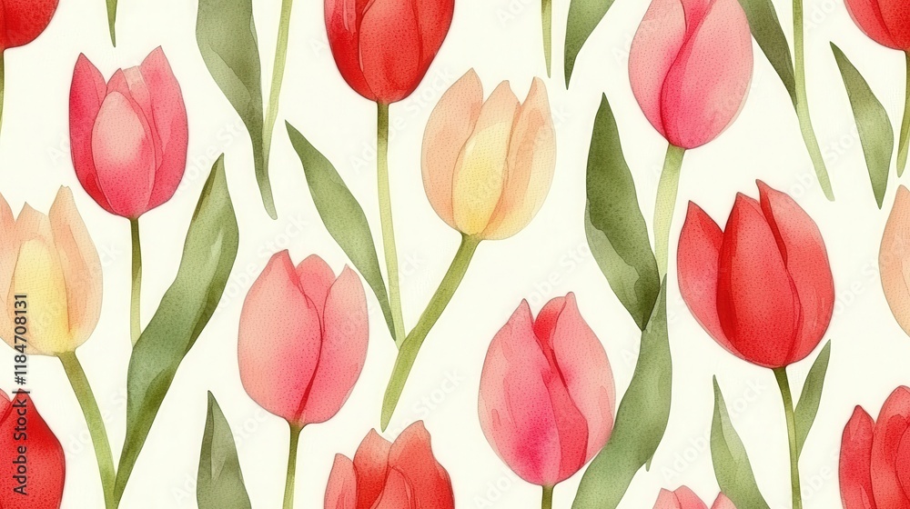 Watercolor tulip seamless pattern: Pastel pink, red, and yellow blooms Watercolor tulip seamless pattern: Pastel pink, red, and yellow blooms