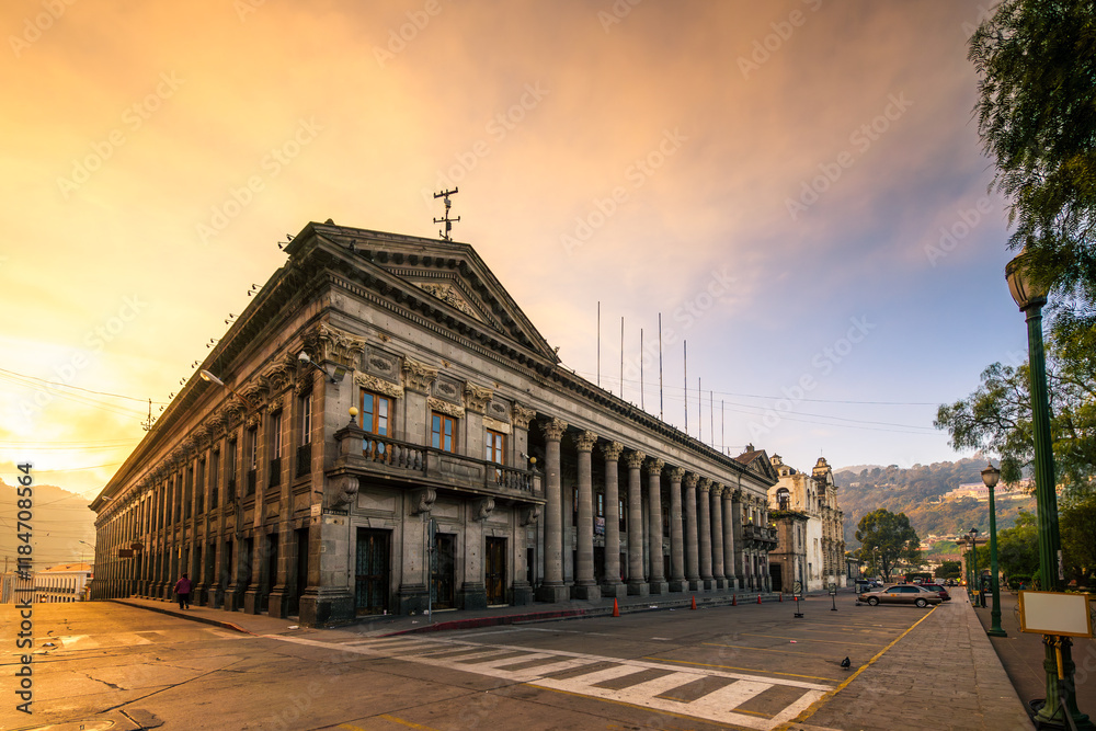 Fototapeta premium Wide exterior view of the municipal palace of the city of Quetzaltenango, Guatemala.