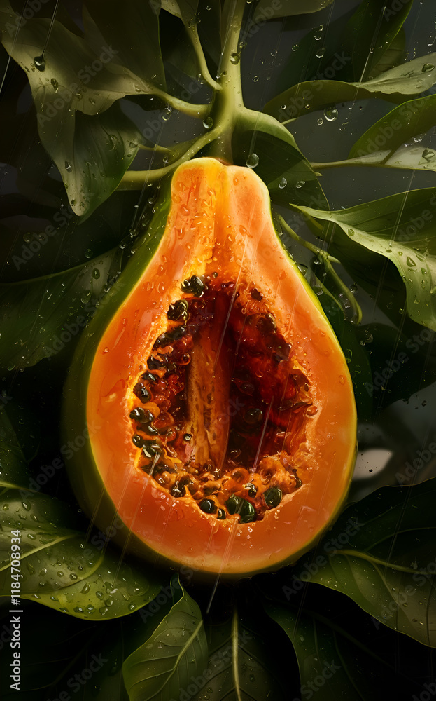 ripe papaya nestled on green leaves in garden with rain. close up. digital artwork. Ai generated.
